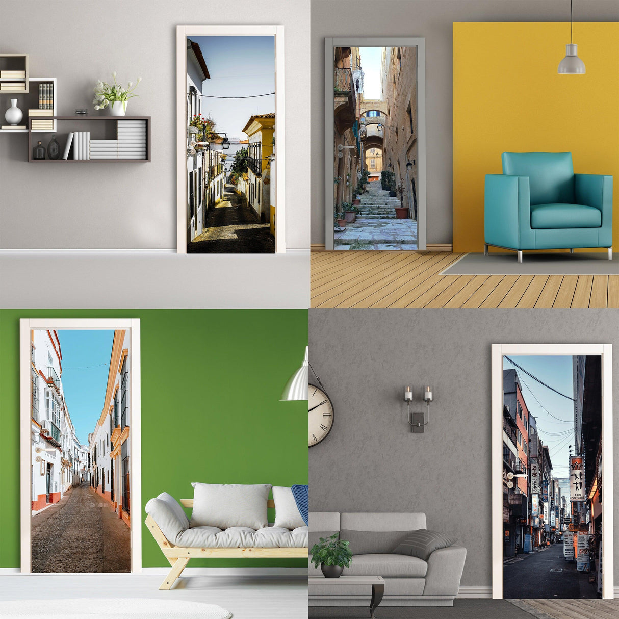 Collage of 3D door cover stickers with street wallpaper designs enhancing various room interiors.