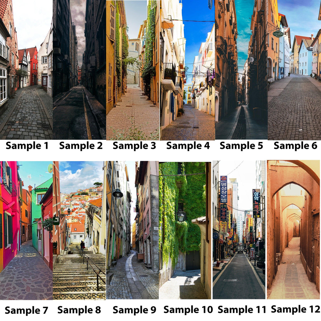 Collection of street wallpaper samples showcasing various urban scenes and colorful facades for home decor.