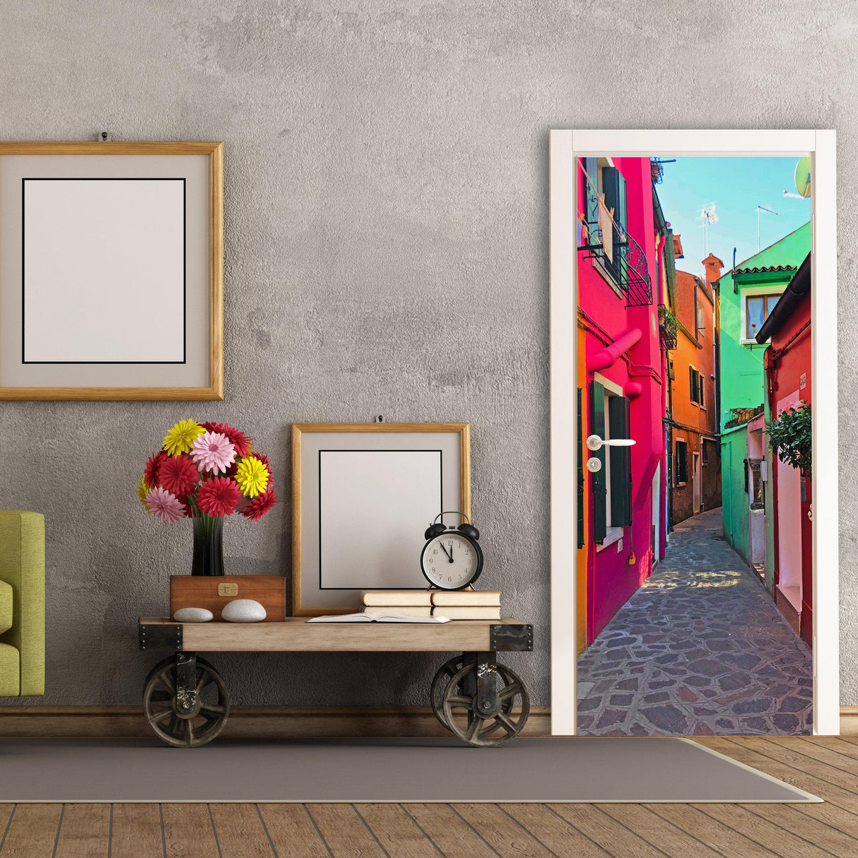 Vibrant 3D door cover sticker featuring a colorful street mural design on a stylish front door.