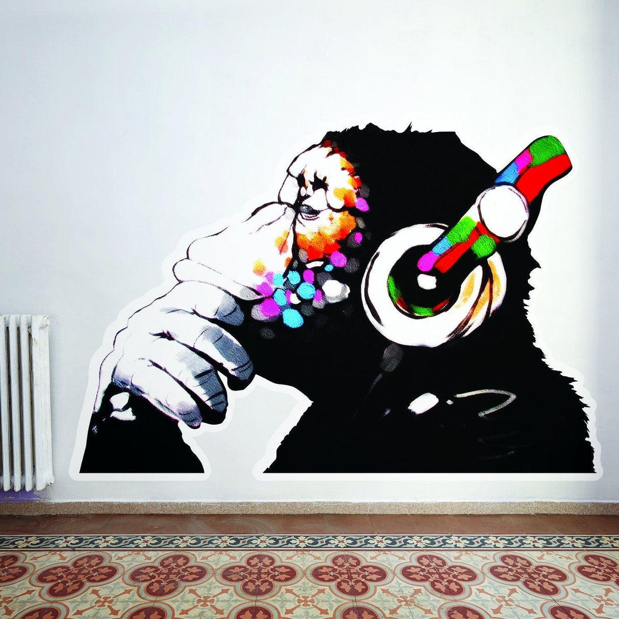 Banksy monkey with headphones wall sticker decal, colorful vinyl art for home decor, depicting a thinking DJ chimp.