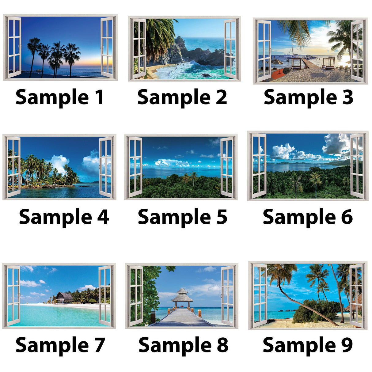 Collection of 3D window beach view wall stickers showcasing different ocean scenes and tropical landscapes.