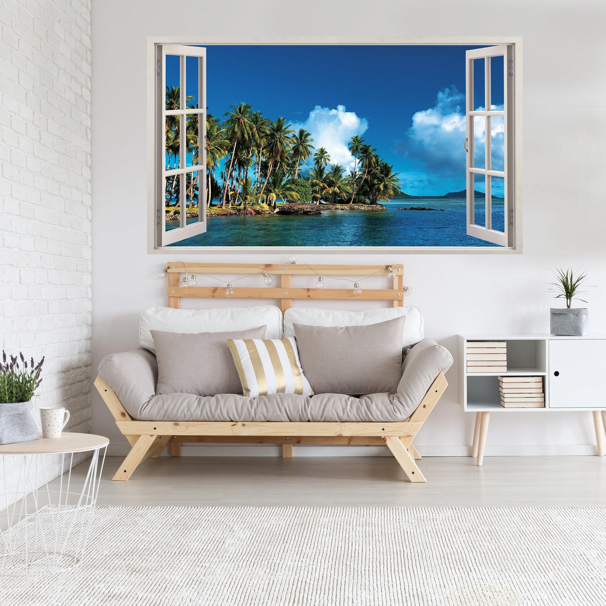 3D window beach view wall sticker showcasing a tropical ocean scene over a cozy living room sofa.