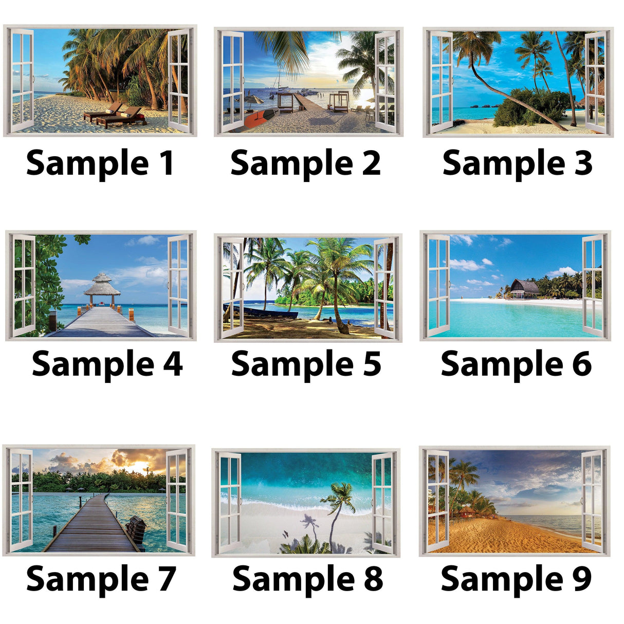 Collage of 3D window beach view wall stickers featuring various ocean scenes and tropical landscapes.