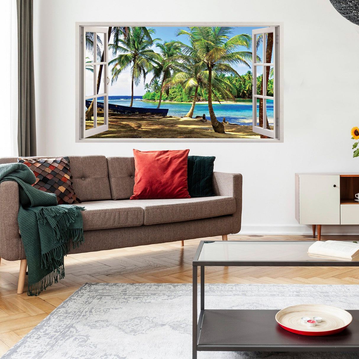 3D window beach view wall sticker featuring palm trees and ocean scene in modern living room decor.