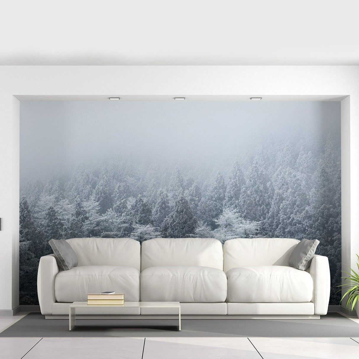 Foggy forest wall decal behind a modern white couch, creating a serene atmosphere in a stylish living room.