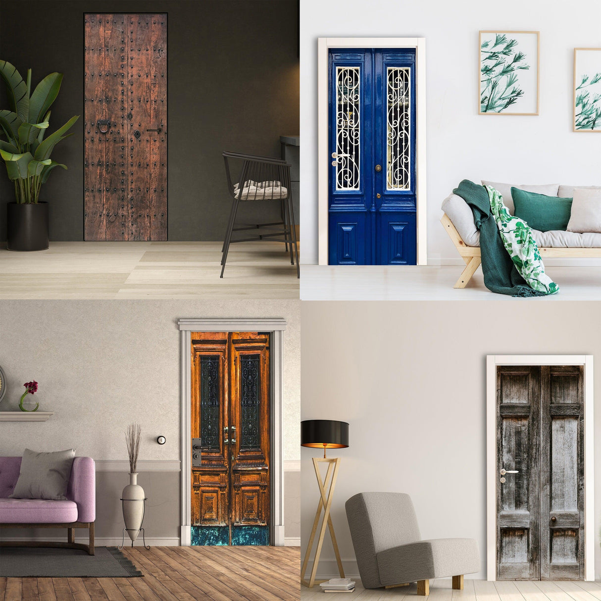 Collage of door designs featuring rustic, modern, and vintage styles to inspire home decor.