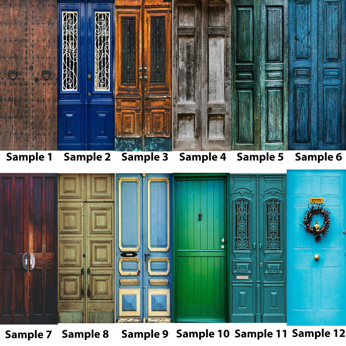 Collection of sample doors showcasing different designs and colors for home decor inspiration.