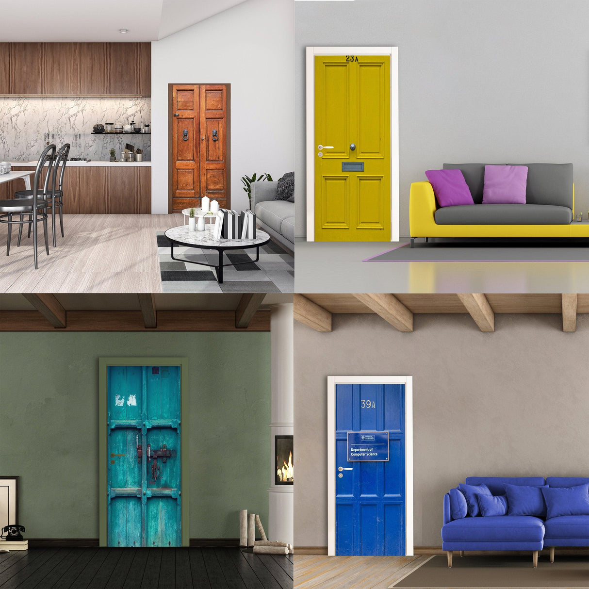 Collage of colorful doors in modern interiors, showcasing yellow, blue, and rustic styles for design inspiration.
