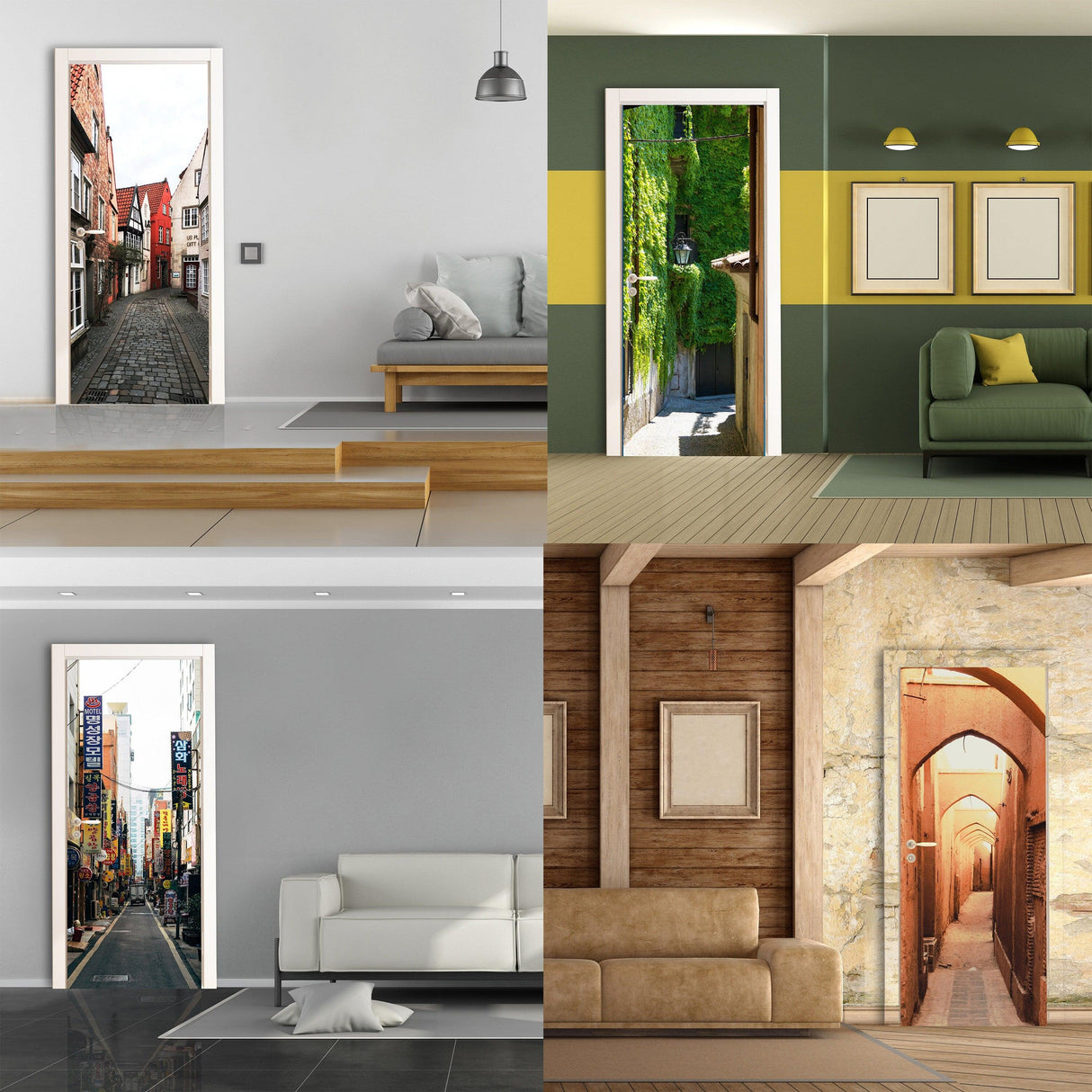 Collage of 3D door cover stickers featuring street and nature designs in various home settings.