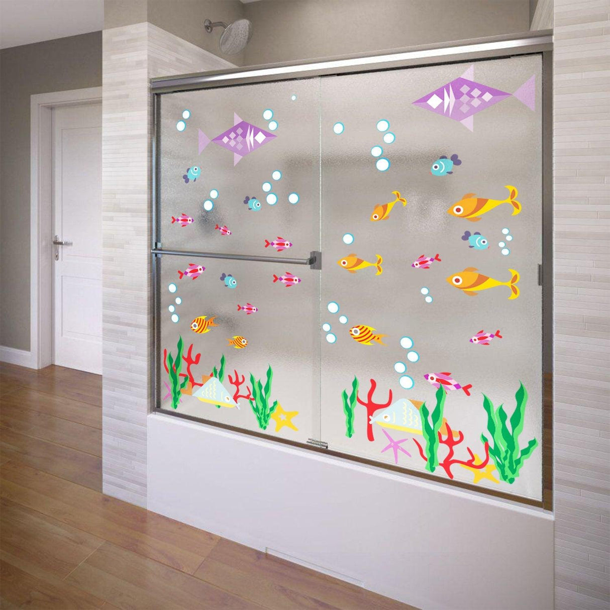 Colorful ocean animal wall decal for bathroom featuring fish, bubbles, and coral decor. Perfect for adding whimsy to your space.