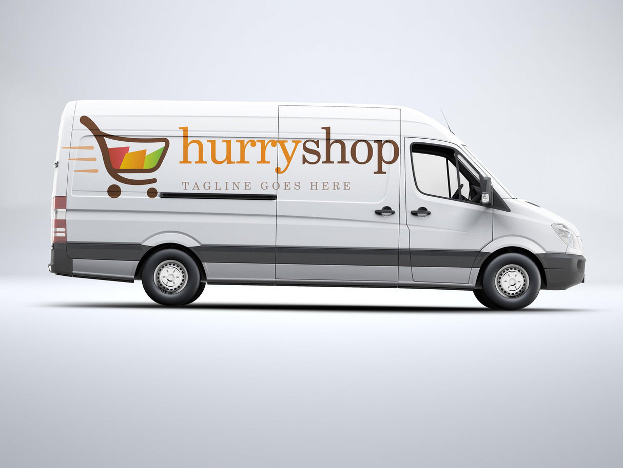 Side view of a delivery van featuring the hurrshop logo and a placeholder for tagline.