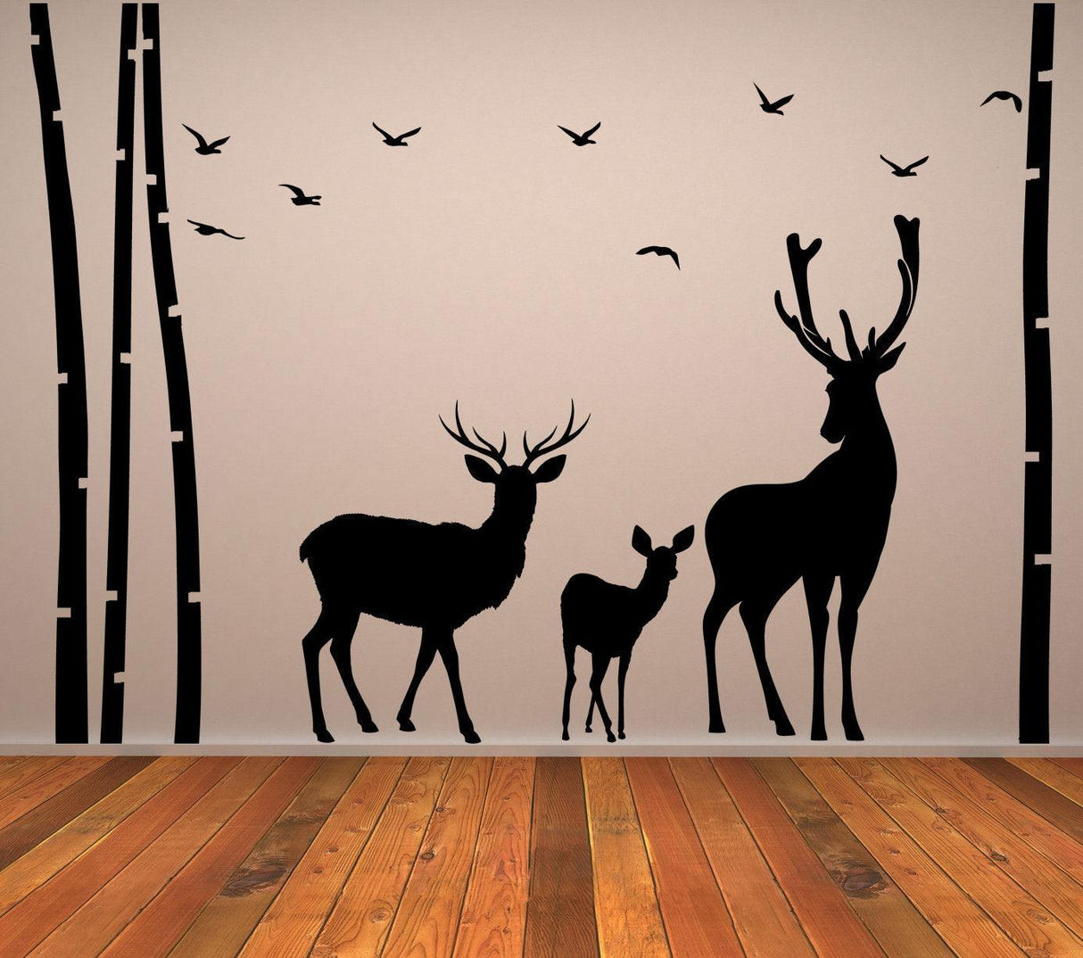 Deer wildlife wall decal featuring birch trees and birds, perfect for nursery decor.