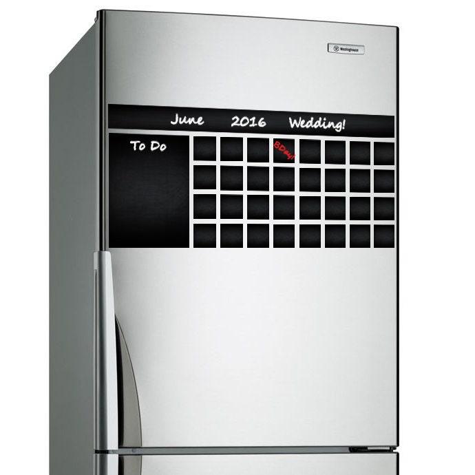 Chalkboard wall planner sticker on refrigerator, displaying June 2016 wedding tasks and calendar layout.