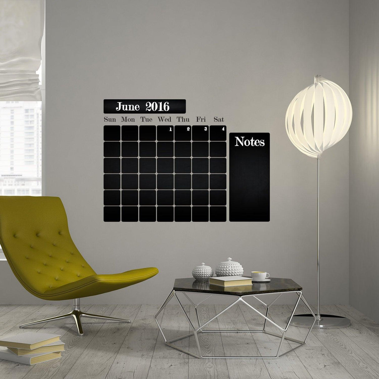 Chalkboard wall planner for June 2016, featuring weekly calendar and notes section in modern interior setting.