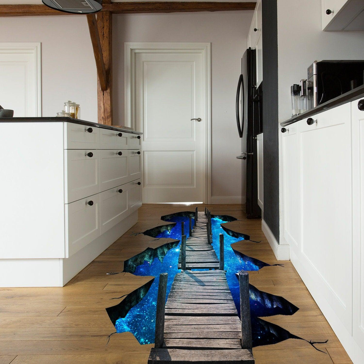 3D floor space portal hole decal featuring a galaxy art design in a modern kitchen.