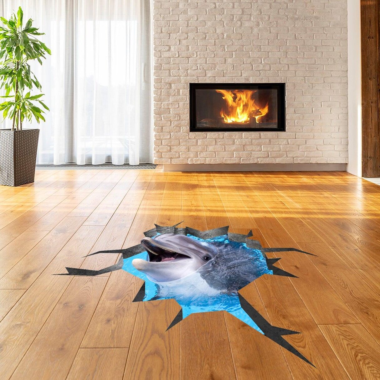 3D dolphin floor decal creating an ocean hole illusion in a modern living room with a fireplace.
