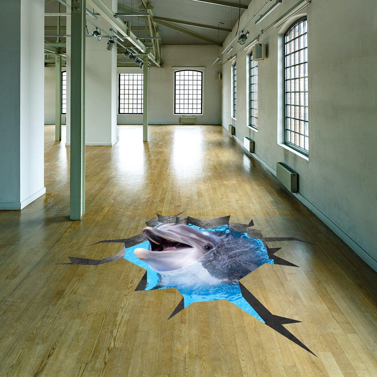3D dolphin floor decal creating an ocean illusion in a spacious room interior.