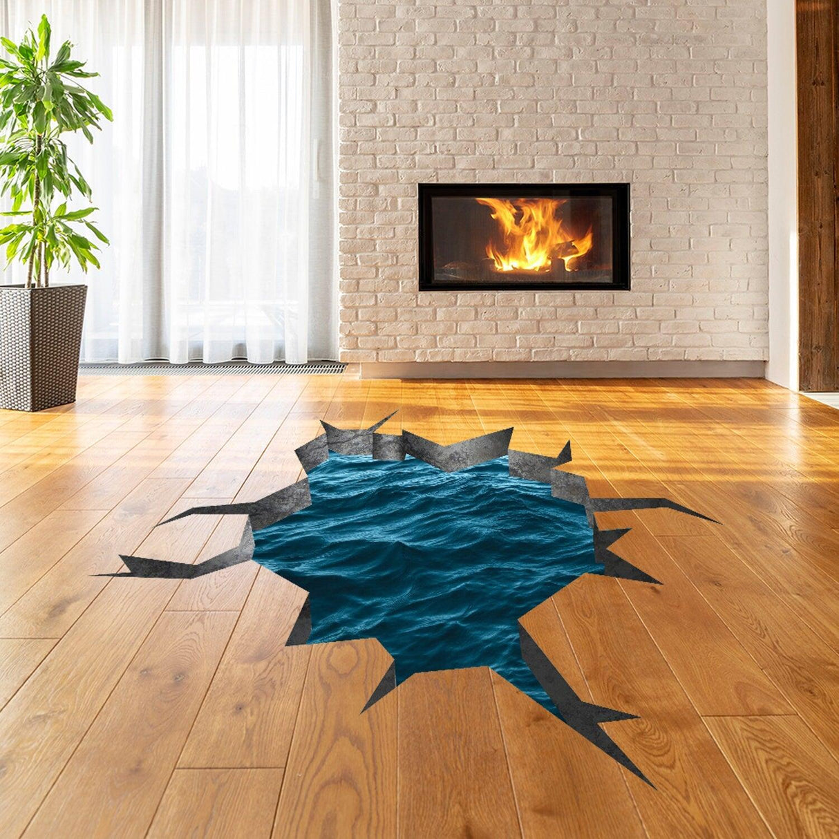 3D floor sea decal in living room creating an ocean hole illusion, adding whimsy to home decor.