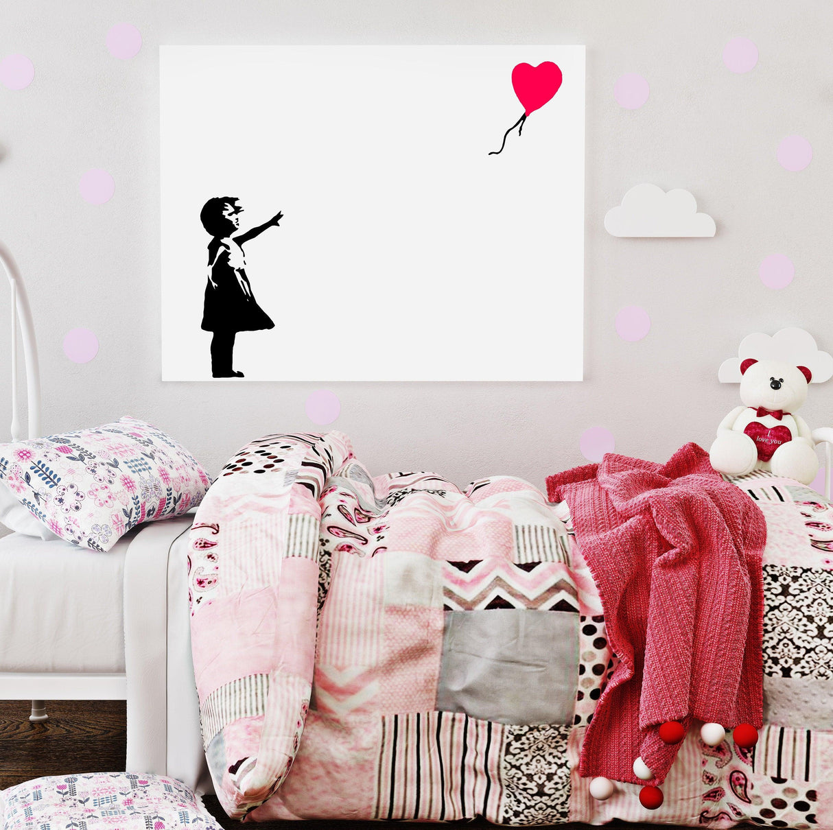 Banksy Girl With The Red Balloon Wall Decal in a kids' bedroom setting.