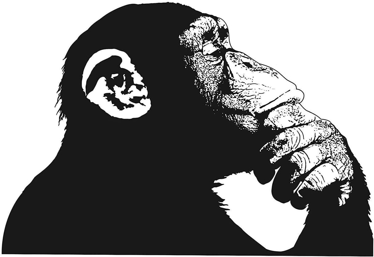 Banksy-inspired monkey wall sticker design, featuring a thoughtful monkey with headphones in black and white.