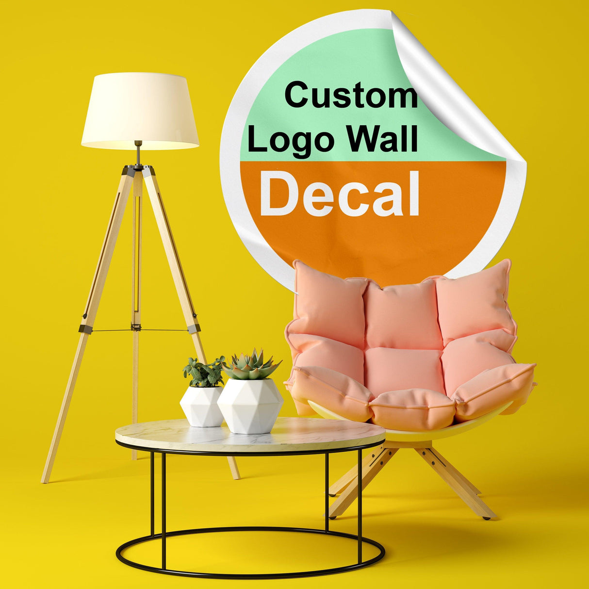 Customizable vinyl wall decal showcasing personalized logo design in a stylish living space with modern decor.