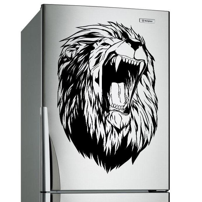 Lion head vinyl sticker on a modern refrigerator, showcasing fierce details and bold design.