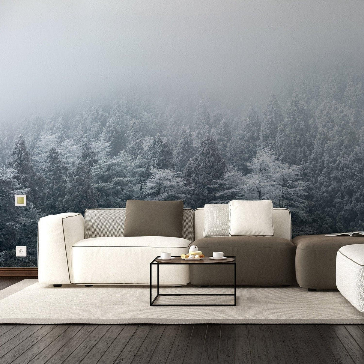 Foggy forest wallpaper decal in a modern living room with white furniture and a coffee table.