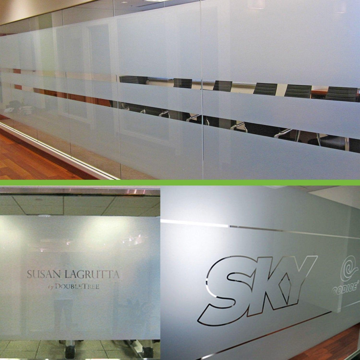 Custom frosted window film stickers applied to glass doors for elegance and privacy.