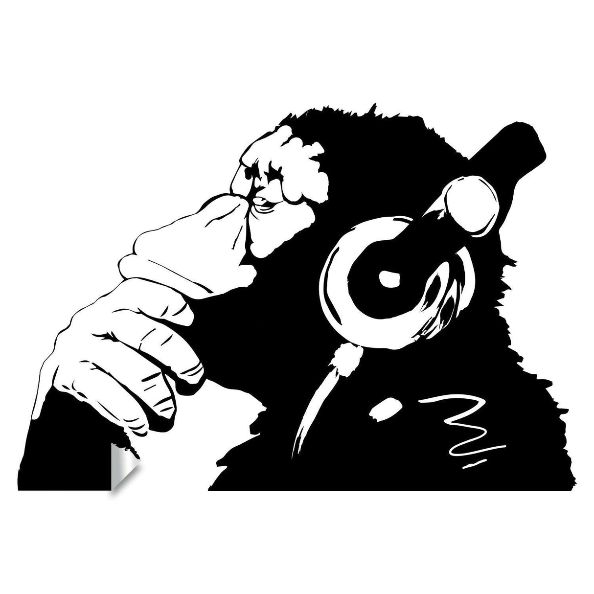 Large Banksy monkey wall sticker with headphones, perfect for creative home decor.