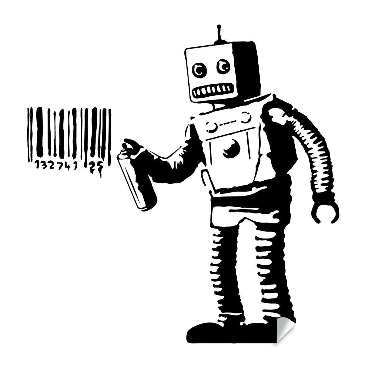 Banksy Barcode Robot Wall Vinyl Sticker featuring a robot with spray can and barcode design for urban art.