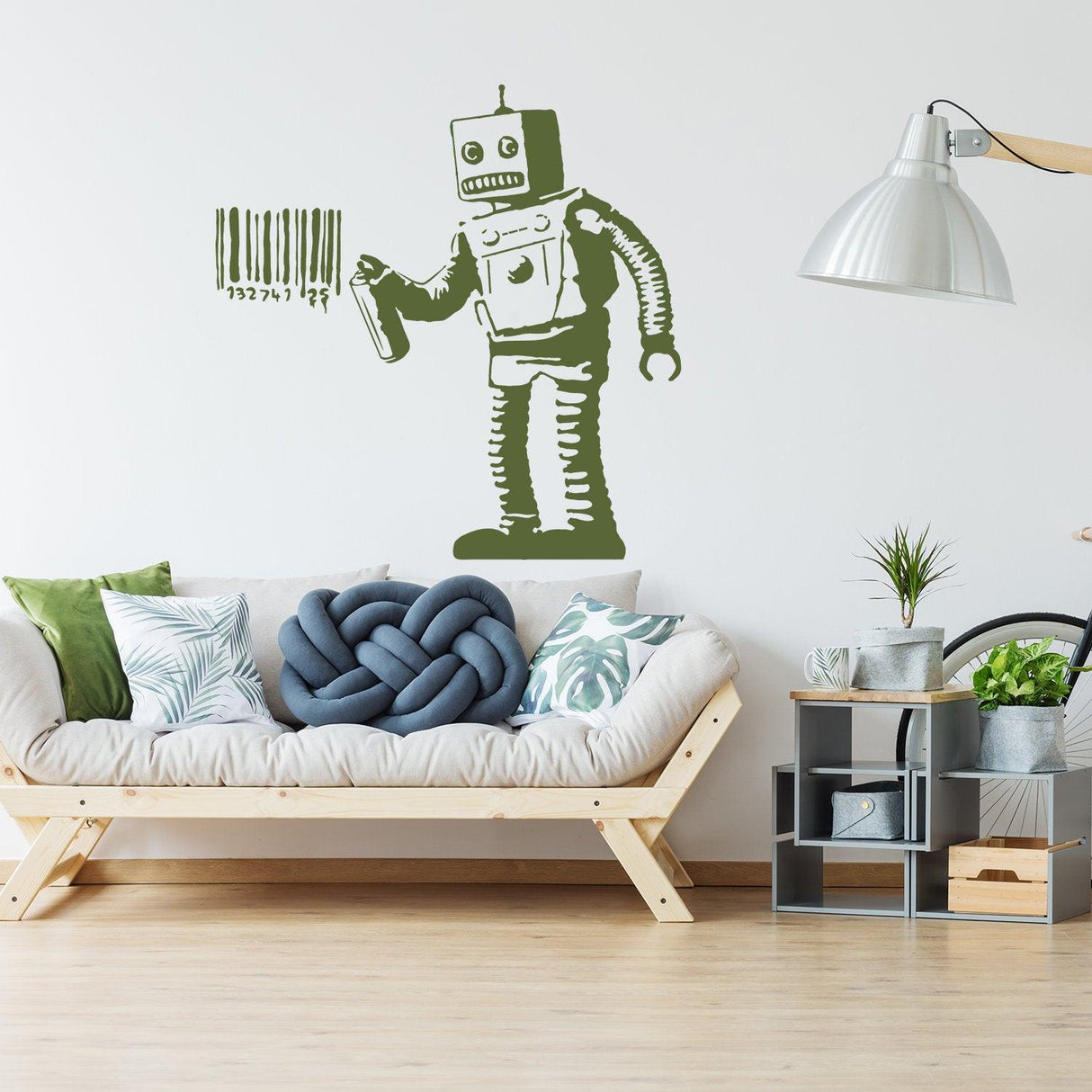 Banksy Barcode Robot Wall Vinyl Sticker on a modern living room wall, showcasing urban street art and graffiti style.