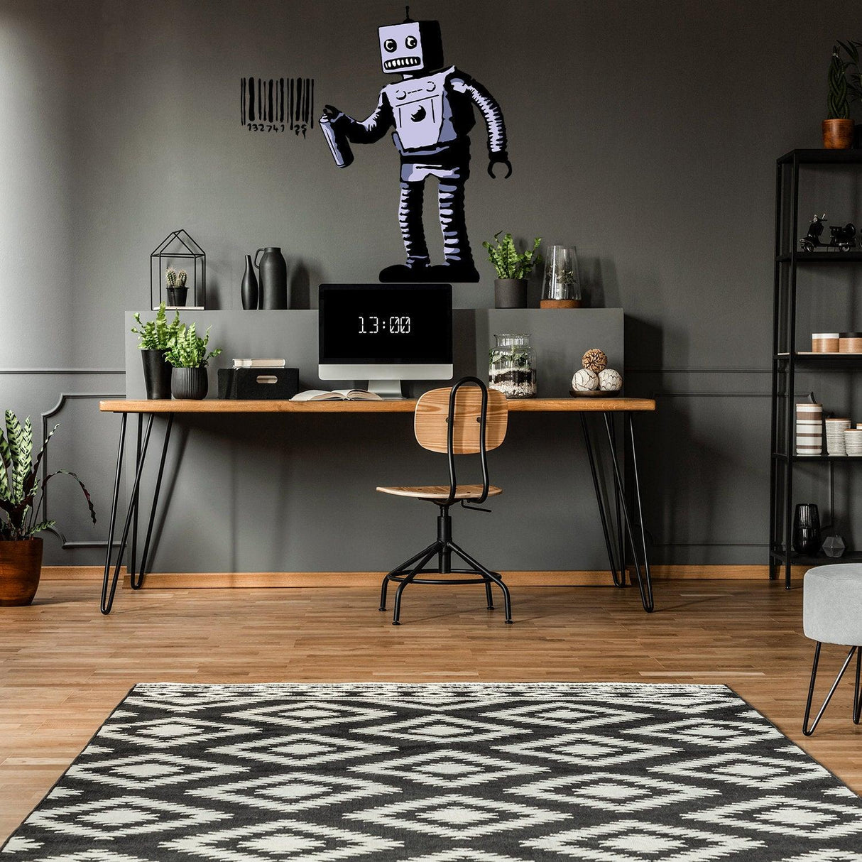 Banksy Barcode Robot wall vinyl sticker in a modern office setting with wood desk and plants.