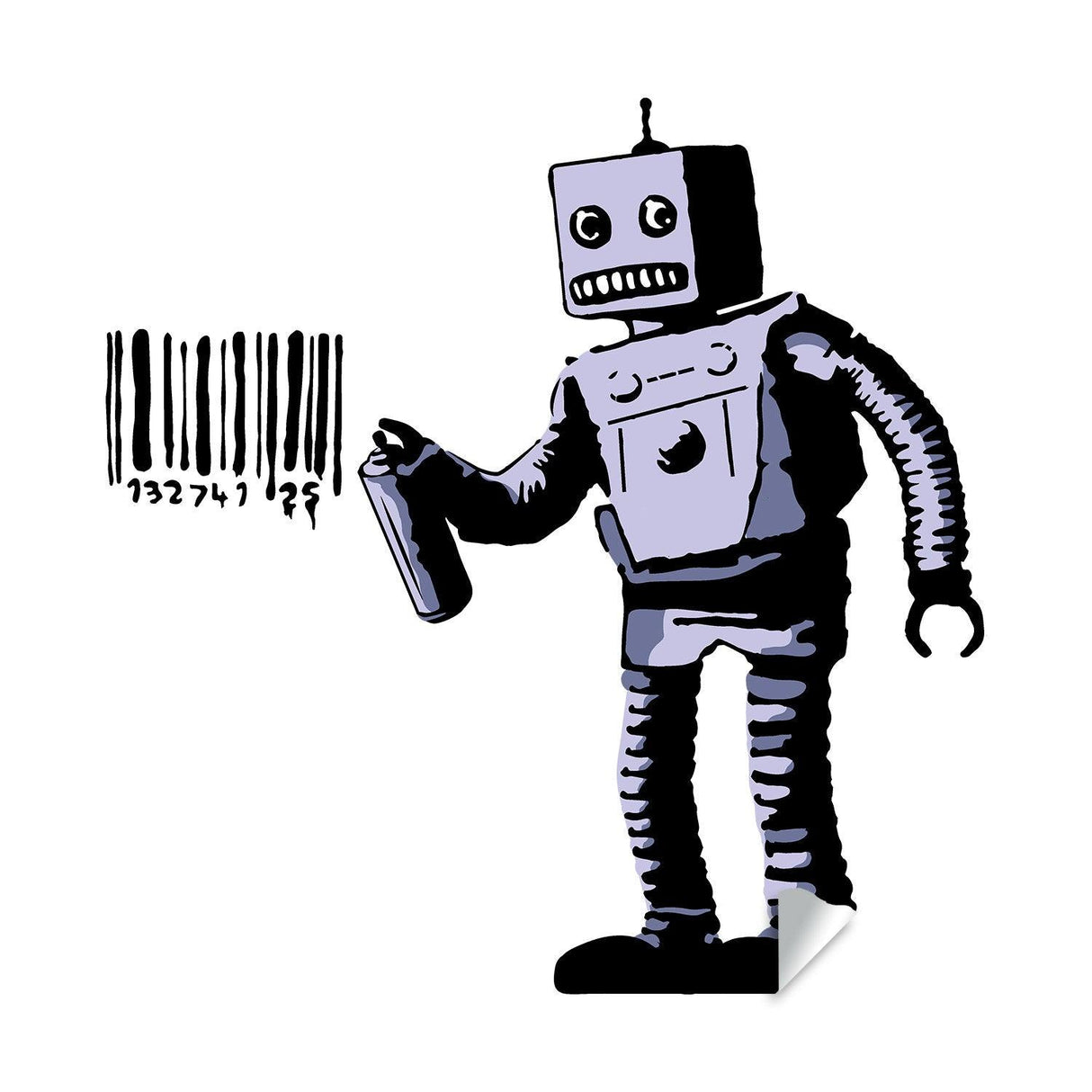 Banksy Barcode Robot Wall Vinyl Sticker - Urban art graffiti robot with barcode design for decoration.