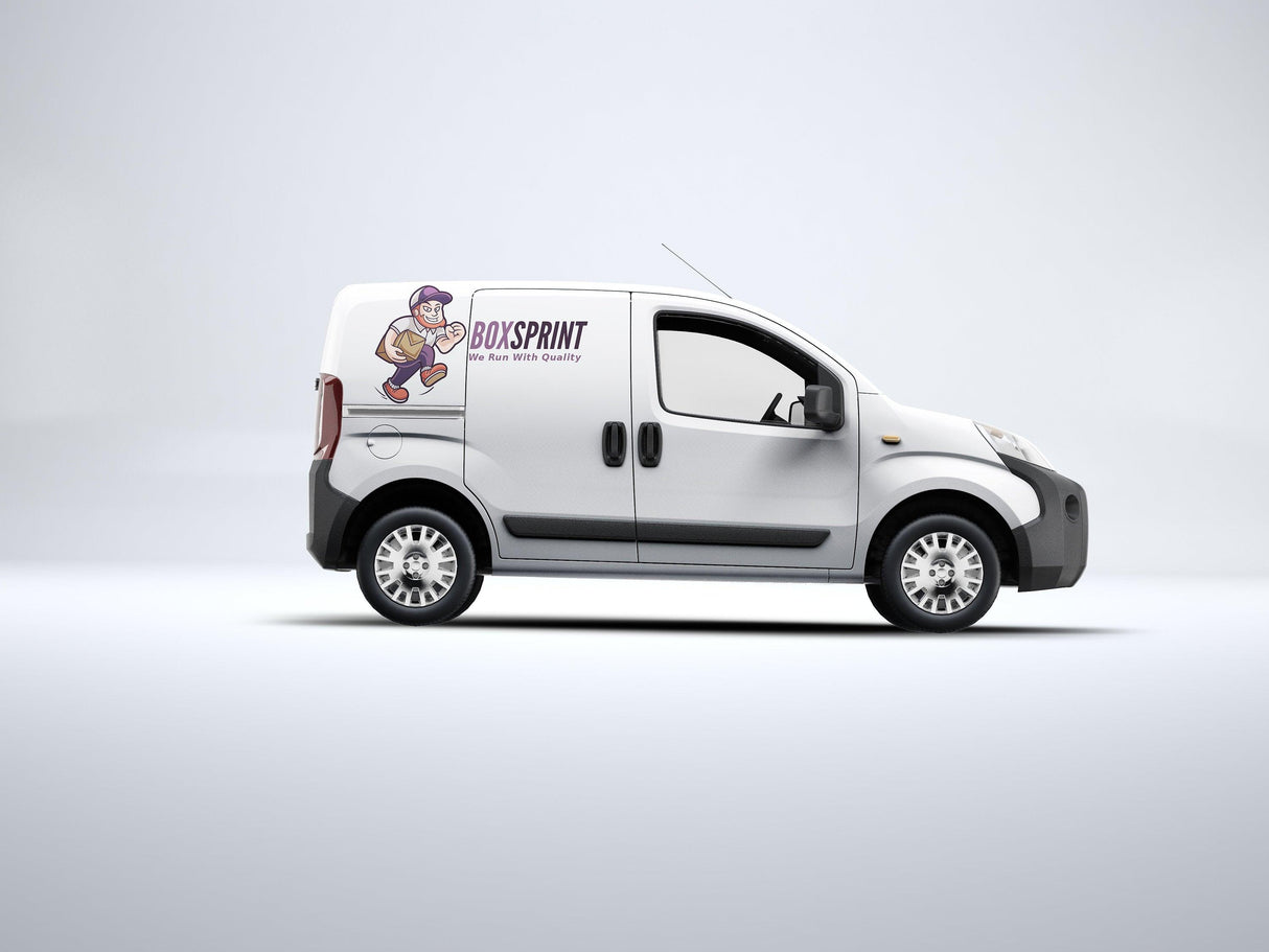 White cargo van with BoxSprint branding and cartoon character logo on the side, displayed on a clean background.