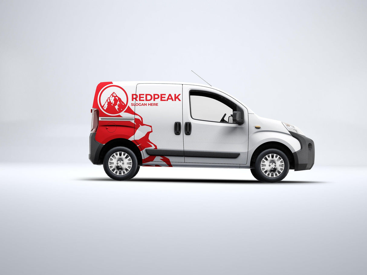 Custom branded van with 'REDPEAK' logo and mountain graphic for advertising purposes.