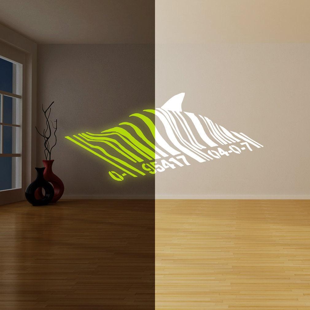 Banksy Barcode Shark wall sticker glowing in dark, urban art design perfect for kids' room decor.