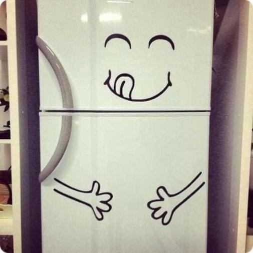 16" Happy Face Fridge Decal with smiling face and hands, playful kitchen decor vinyl sticker.