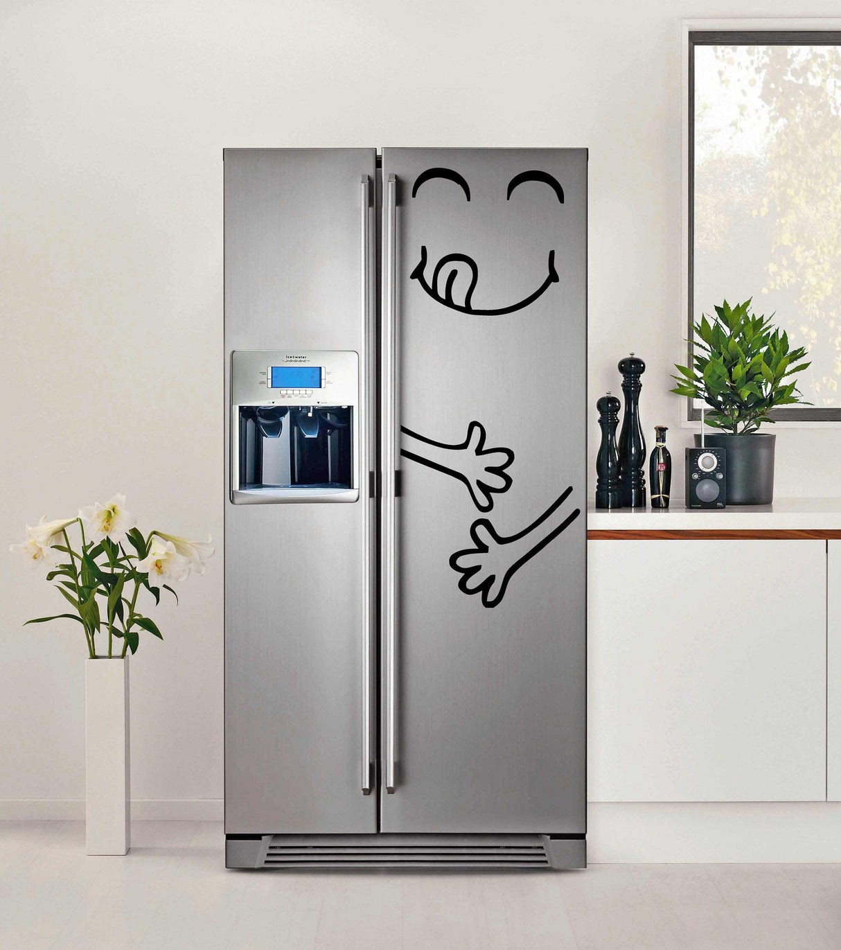 Funny happy face refrigerator decal on a stainless steel fridge, adding humor to kitchen decor.