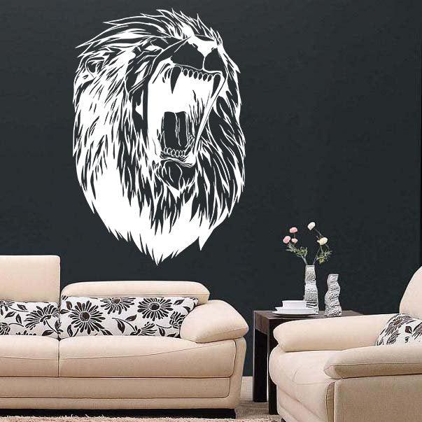Lion head wall decal on black wall, adding wild elegance to living room decor, featuring intricate mane details.