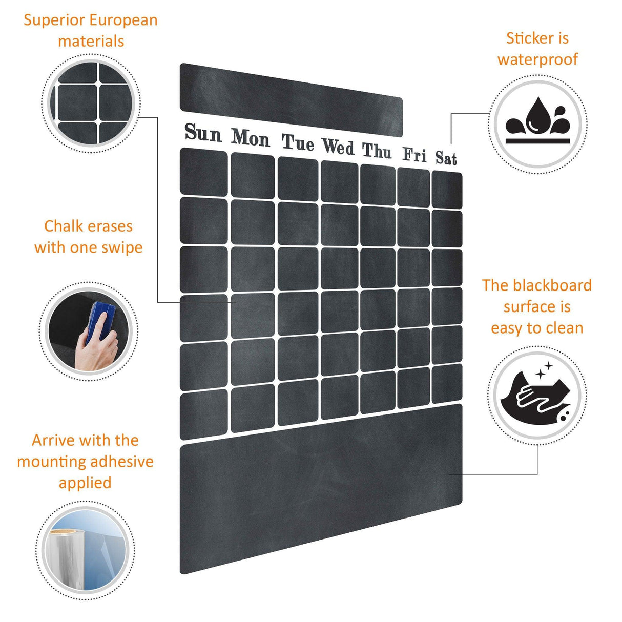 Chalkboard wall planner sticker features waterproof design, easy chalk erasure, and simple application for daily organization.