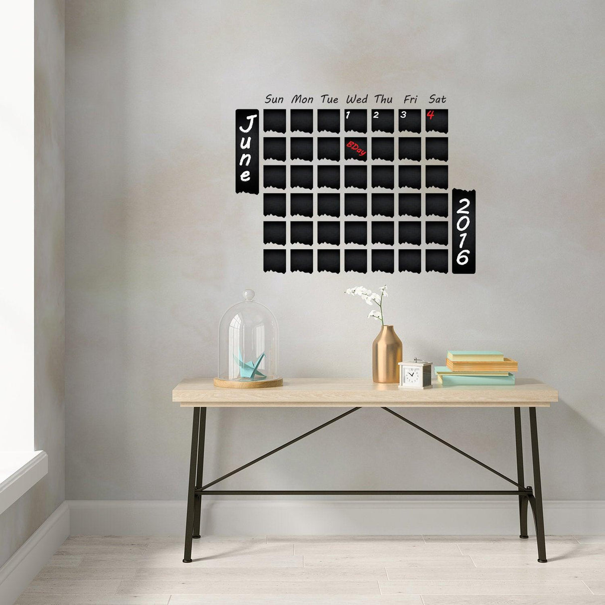 Weekly planner chalkboard decal wall sticker displayed in a stylish home office setting.