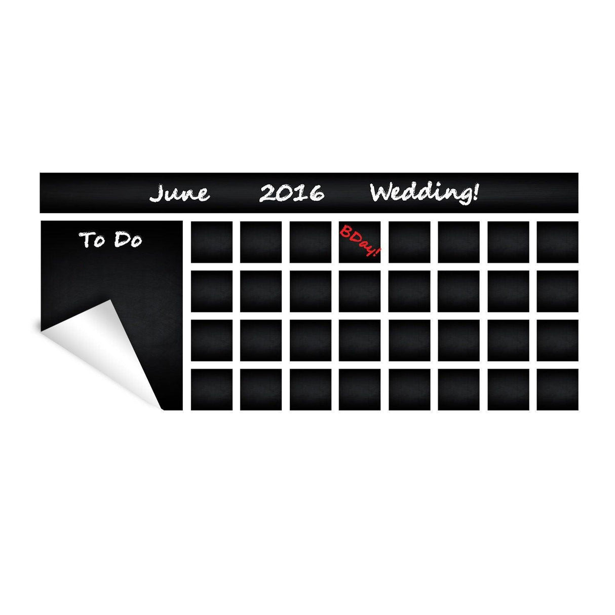 Chalkboard wall planner sticker for organizing tasks and events, featuring a June 2016 wedding calendar.
