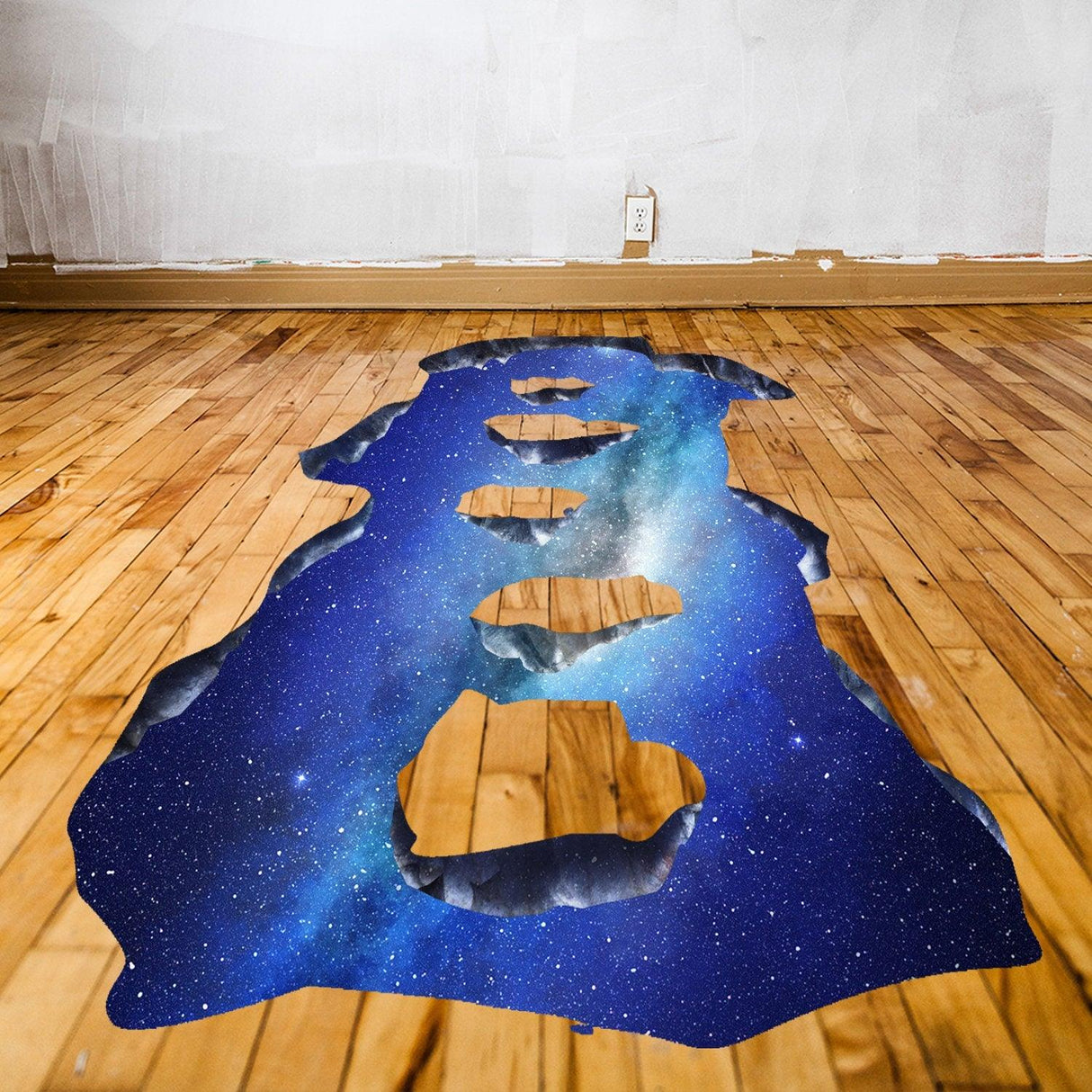 3D floor space portal hole decal featuring a galaxy design on wooden floor, perfect for kids and teens room decor.