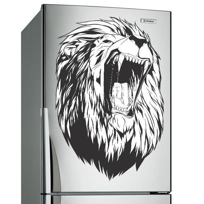 Lion head vinyl sticker on a refrigerator, showcasing a fierce roaring lion design for bold home decor.