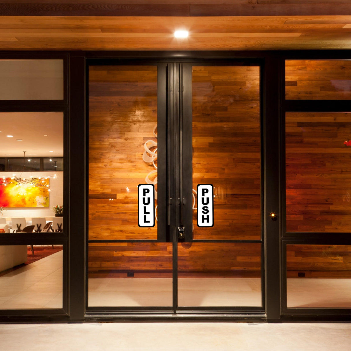 Vertical push pull door signs on glass entrance, guiding customers to open and close the door easily.