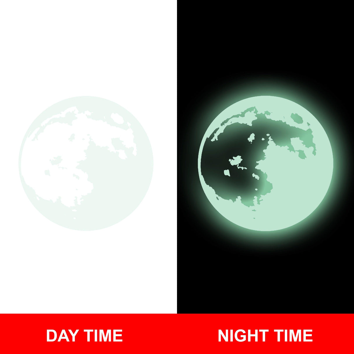 Day and night contrast of a glowing moon wall sticker for children's room decor.