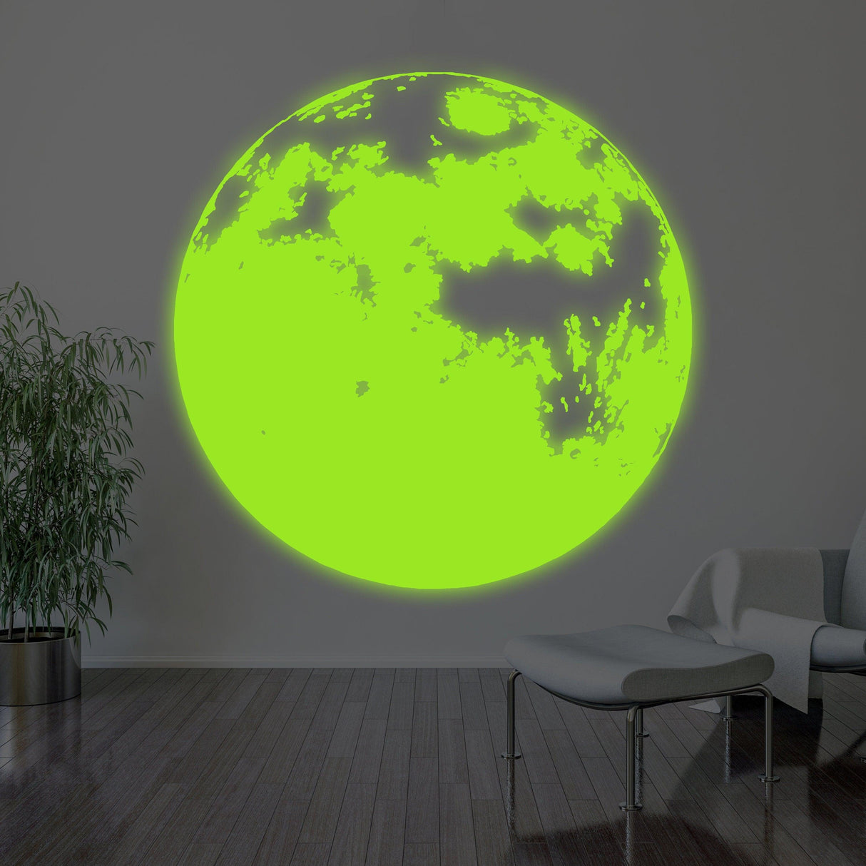Glow in the dark moon wall sticker on a modern living room wall, creating a dreamy atmosphere.