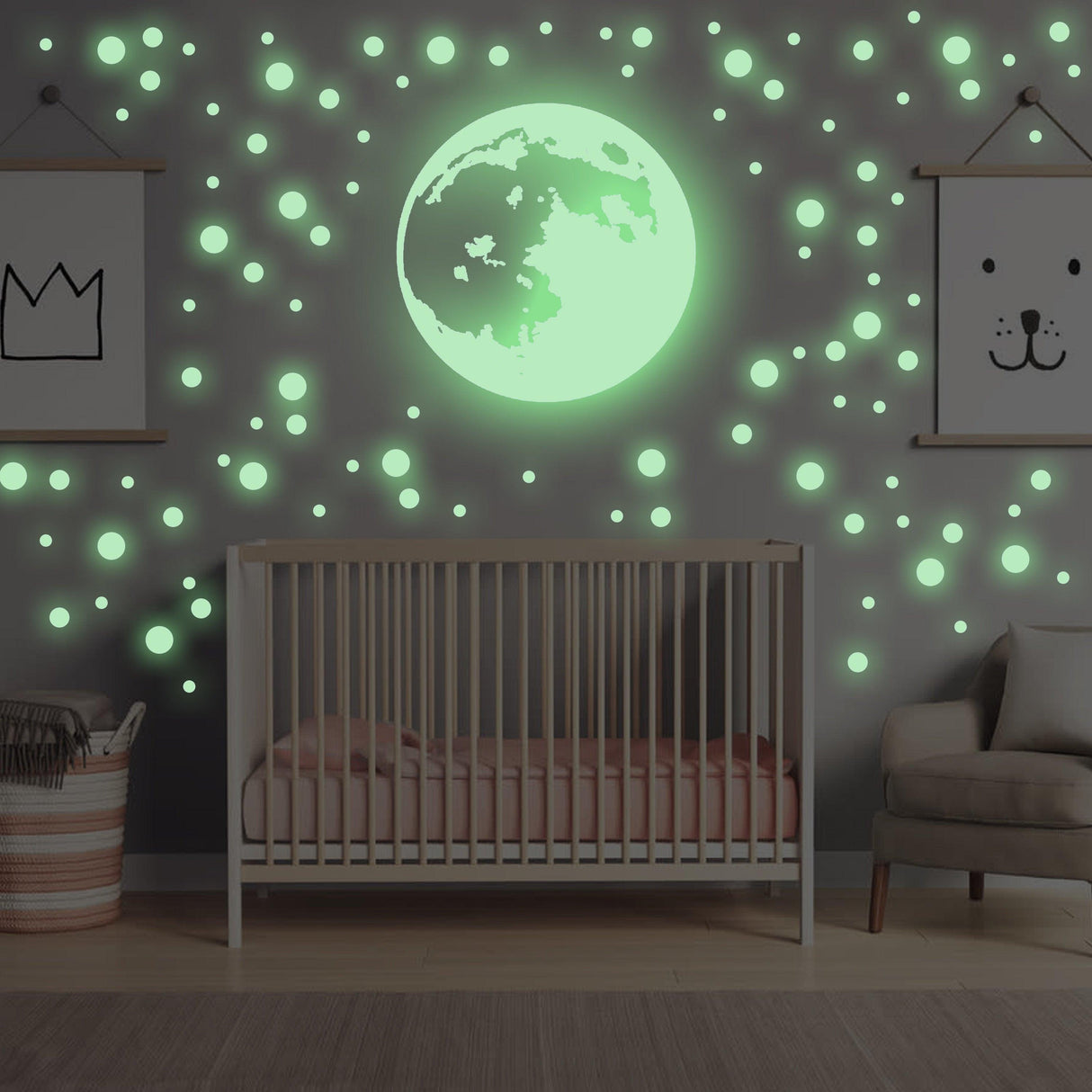 Glowing moon and stars wall stickers in a kid's bedroom, creating a magical and dreamy atmosphere.