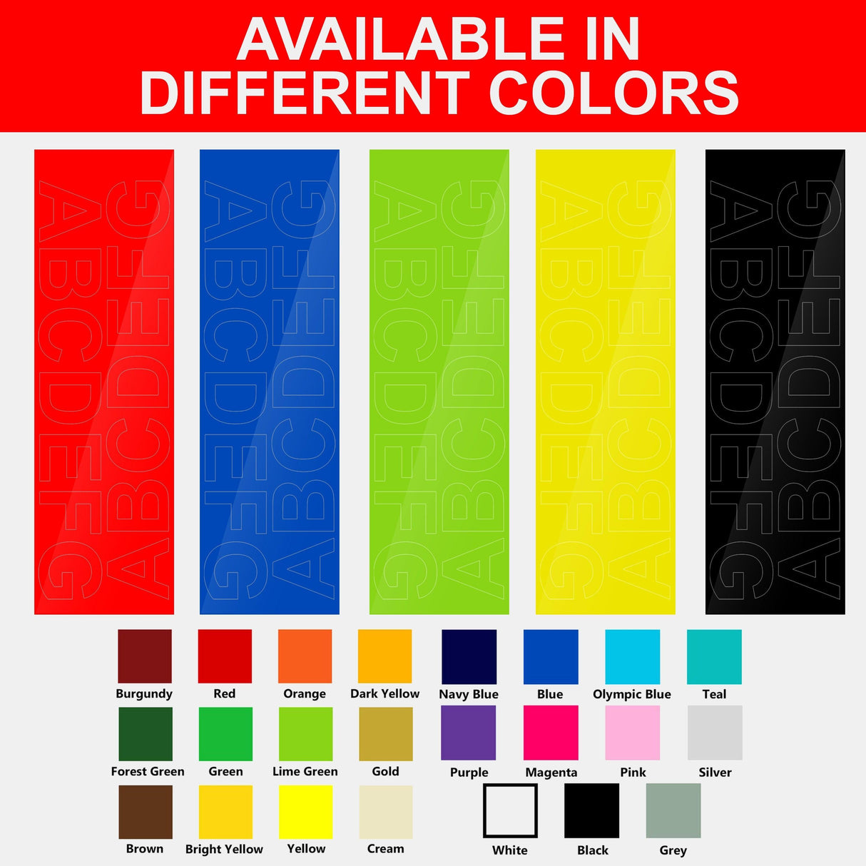 Vinyl removable letter stickers available in various colors including red, blue, yellow, and black, ideal for personalized signage.