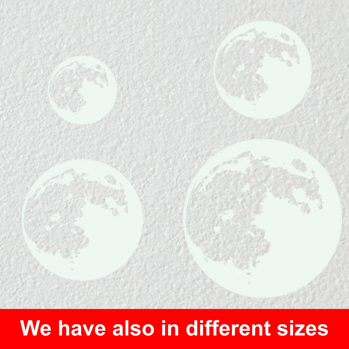 Glow in the dark moon wall stickers in various sizes for kids' room decor.